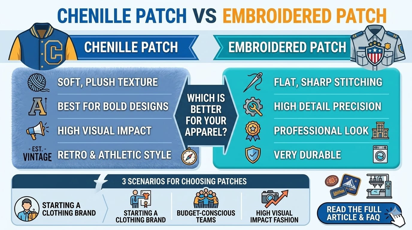 Choosing a chenille patch is the perfect way to add a vintage, athletic feel to your custom apparel. Unlike standard embroidery, a chenille patch uses thick yarn loops to create a soft, 3D textured surface that is synonymous with classic varsity jackets and collegiate fashion. This article breaks down the key differences between chenille and traditional embroidery, highlighting why the plush texture of chenille is better for bold, simple designs and large-scale logos. From production costs to the best garment pairings like hoodies and sweatshirts, you will learn how to leverage this unique tactile style to make your brand stand out with a premium, retro-inspired visual impact.